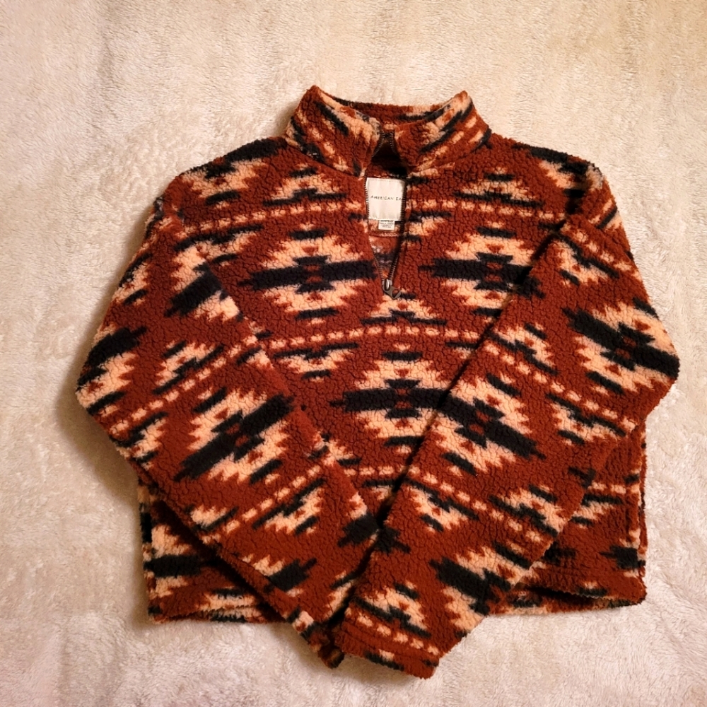 American Eagle Women's Brown Tribal Print Oversized Zip Up Sweatshirt, Size XS
